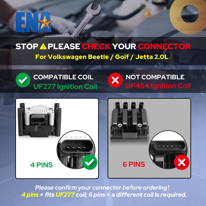 ENA Ignition Coil Pack 2.0 Compatible with VW 1998 1999 2000 2001 Beetle Golf, 1999 2000 2001 2011 2012 2013 2014 2015 Jetta S Base L4 2.0L Replacement for 032905106E C1319 UF277 - Image 2